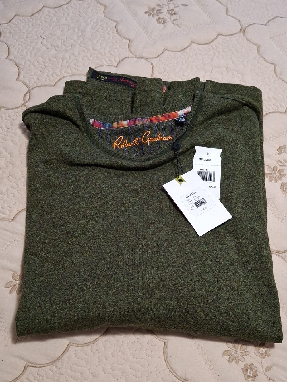 Robert Graham Bali Long Sleeve Cotton Jersey Crew Neck T-shirt Olive Green 2XL